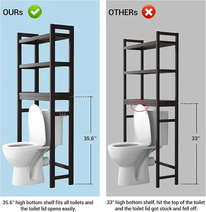 Homykic Over The Toilet Storage, Bamboo 3-Tier Over-The-Toilet Space Saver Organizer Rack, Stable Freestanding Above Toilet Stand with 3 Hooks for Bathroom, Restroom, Laundry, Espresso - ModernBath