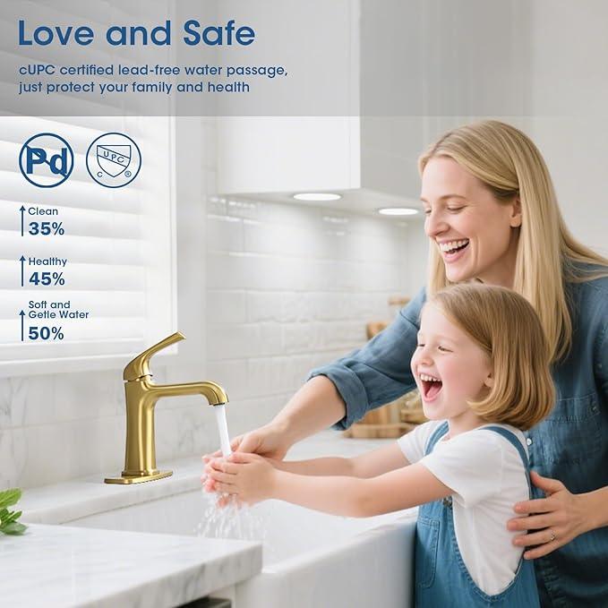 Single Hole Bathroom Faucet,‎Bathroom Sink Faucet,Brushed Gold Bathroom Faucet 1 Hole,with Pop Up Drain and cUPC Supply Lines for Vanity,Lavatory RV Farmhouse (HG-8901-BG) - ModernBath