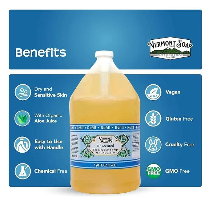 VERMONT SOAP Organics Foaming Hand Soap, Liquid Soap with Pre-diluted Formula - Ready to Use Simply Unscented Hand Soap With Convenient and Economical Gallon Refill Size - ModernBath