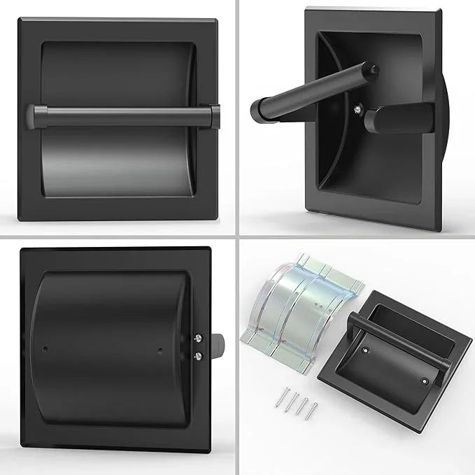 Matte Black Recessed Toilet Paper Holder for Regular Rolls,Contemporary Hotel Style Pivoting Toilet Tissue Holder Wall Mount Made of Metal, in Wall Toilet Paper Holder - ModernBath