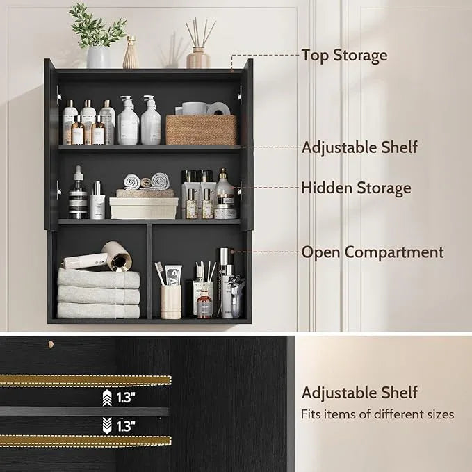Bathroom Wall Cabinet, 24x30 Inch Small Over The Toilet Storage Cabinet, Black Space Saver Hanging Wall Mounted Medicine Cabinet Organizer with 2 Doors, Open Adjustable Shelf for Laundry Room Kitchen - ModernBath