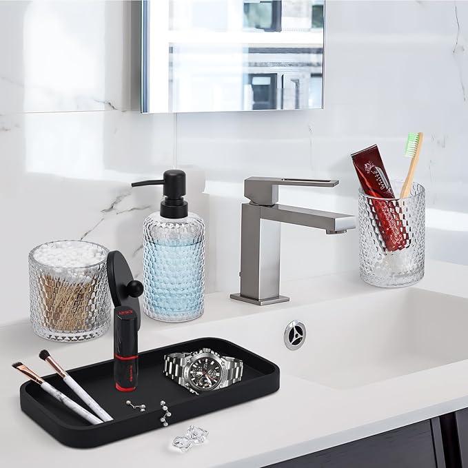 Bathroom Accessory Set,4 Pcs Clear Glass Bathroom Accessories Set-Lotion Soap Dispenser,Toothbrush Holder,Qtip Holder Dispenser & Resin Vanity Tray,Countertop Vanity Organizer,Crystal Clear - ModernBath