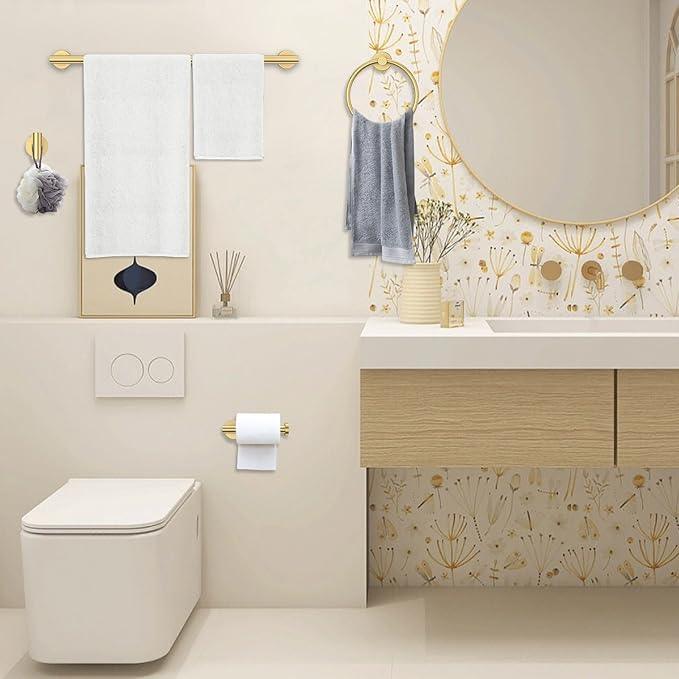 Brushed Gold Towel Bar Set 5 Pieces Round Bathroom Hardware Set Includes 23.6in Towel Bar Towel Ring Toilet Paper Holder Towel Hooks Stainless Steel Wall-Mounted Bathroom Towel Holder Set - ModernBath