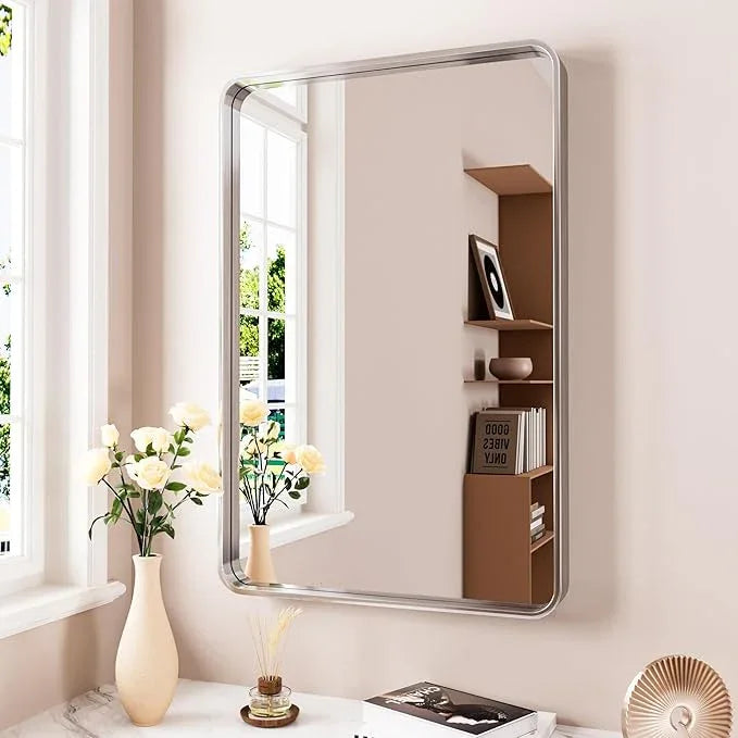 JISOSO 24x36 Inch Brushed Nickel Bathroom Mirror, Brushed Silver Metal Frame Mirror Wall Mounted, Rounded Rectangle Bathroom Vanity Mirror, Tempered Glass, Anti-Rust, Horizontal/Vertical - ModernBath