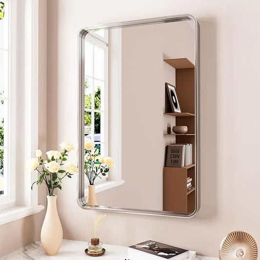 JISOSO 24x36 Inch Brushed Nickel Bathroom Mirror, Brushed Silver Metal Frame Mirror Wall Mounted, Rounded Rectangle Bathroom Vanity Mirror, Tempered Glass, Anti-Rust, Horizontal/Vertical - ModernBath