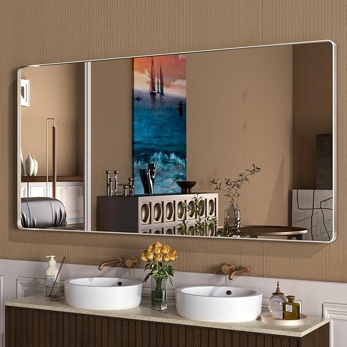 WEER 72X36 Inch Brushed Nickel Bathroom Mirror, Brushed Silver Metal Frame Mirror, Rounded Rectangle Silver Bathroom Vanity Mirror, Tempered Glass, Anti-Rust, Hangs Horizontally or Vertically - ModernBath