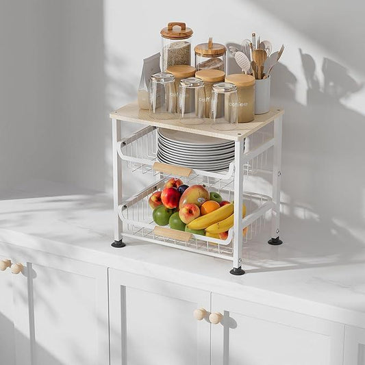 3-Layer Kitchen Fruit Storage Basket Snack Rack, countertop Storage Rack, Stackable Storage Rack with Desktop, Pull-Out Hollow Metal Storage Basket with Handle, Kitchen Organizers & Storage - ModernBath