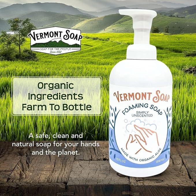 VERMONT SOAP Organic Unscented Foaming Hand Soap - Natural Moisturizing Soap for Dry Skin - Fragrance Free Liquid Bathroom Hand Soap Dispenser - Simply Unscented - 12 oz - ModernBath