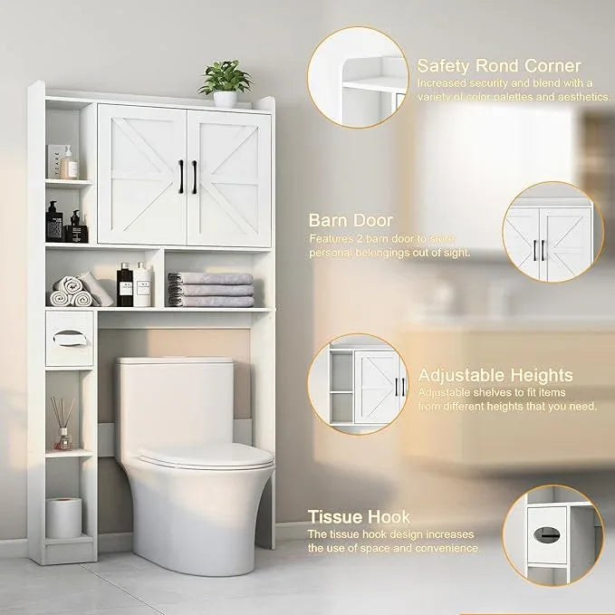 Over The Toilet Storage Cabinet, Farmhouse Storage Cabinet Over Toilet with 2 Barn Door & Toilet Paper Holder Stand, Home Space-Saving Rack, for Bathroom, Restroom (White). - ModernBath