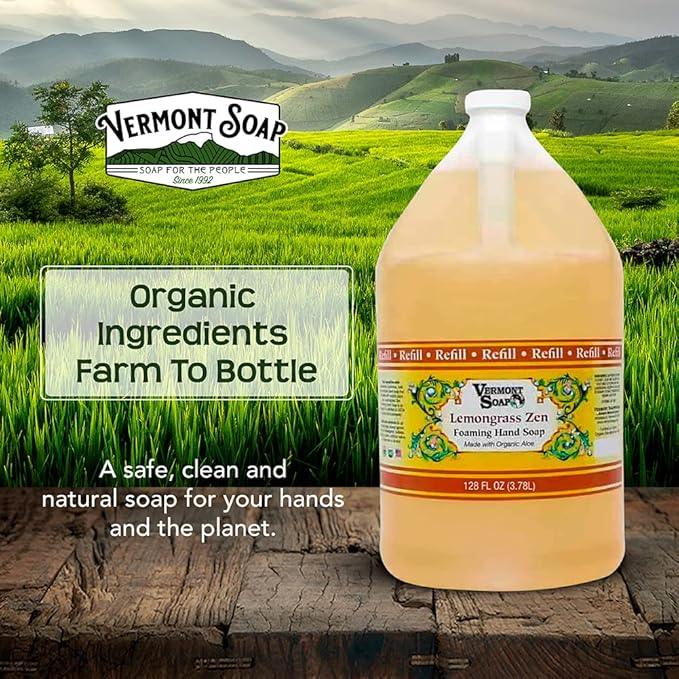 VERMONT SOAP Organics Foaming Hand Soap, Liquid Soap with Pre-diluted Formula - Ready to Use Lemongrass Hand Soap With Convenient and Economical Gallon Refill Size - ModernBath