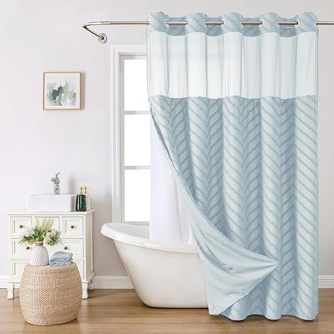 eachope Extra Long No Hook Boho Farmhouse Shower Curtain with Snap-in Fabric Liner set-71Wx86H(84H),Tufted Chevron Striped Hotel Grade Cloth Shower Curtains for Bathroom,Water Repellent,Fog Blue - ModernBath