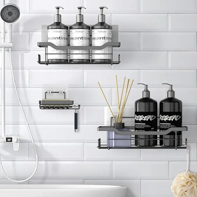 BATHDESIGN Shower Caddy Shelves Organizer, 3 Pack with Soap Holder, No Drilling Wall Mounted Self Adhesive Shelves, Matte Black - ModernBath