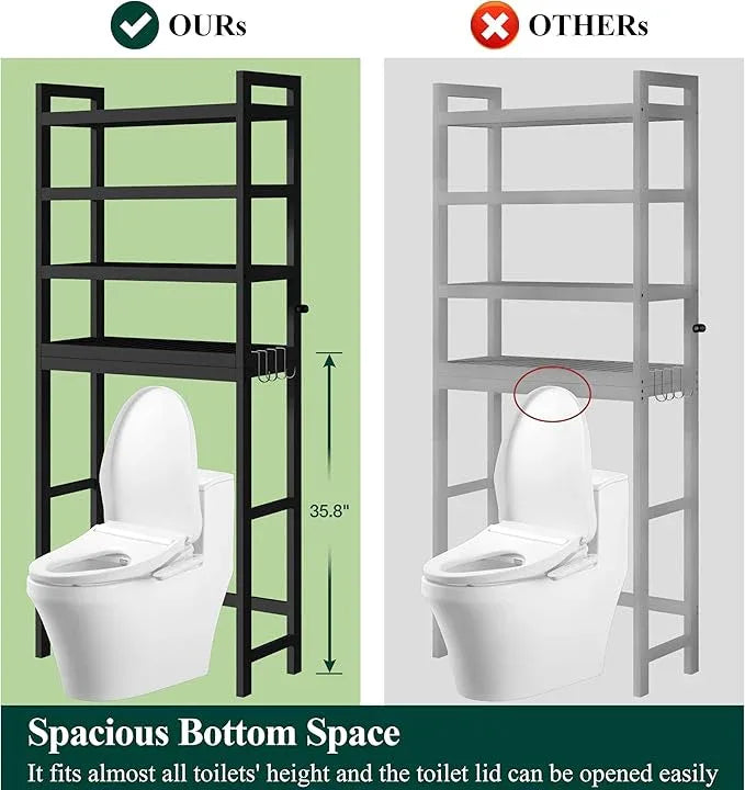 Smiry Over The Toilet Storage Cabinet, 4-Tier Bamboo Bathroom Organizers with Adjustable Shelf & 4 Hooks, Space Saving Shelf Rack for Bathrooms, Laundry Room, Balcony, Black - ModernBath
