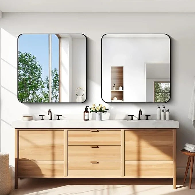CIVENO Bathroom Mirror, 36"x36" Black Square Wall Mirror, Metal Frame Rounded Corner Vanity Mirror, Large Wall Mounted Mirror for Modern Bedroom Living Room Horizontal Or Vertical Mounting - ModernBath