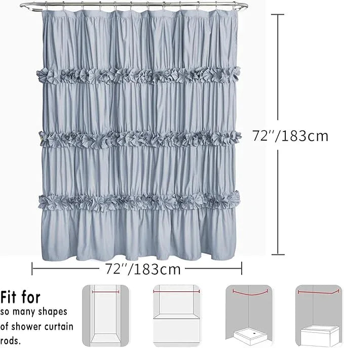 Homechoice Decor Fog Blue Ruffle Shower Curtain, Vintage Handcrafted Bow Tie Bath Curtain for Master Bathroom, Ruched Microfiber Bathroom Curtain with 12 Buttonholes, 72" W x 72" H (LQ-10) - ModernBath