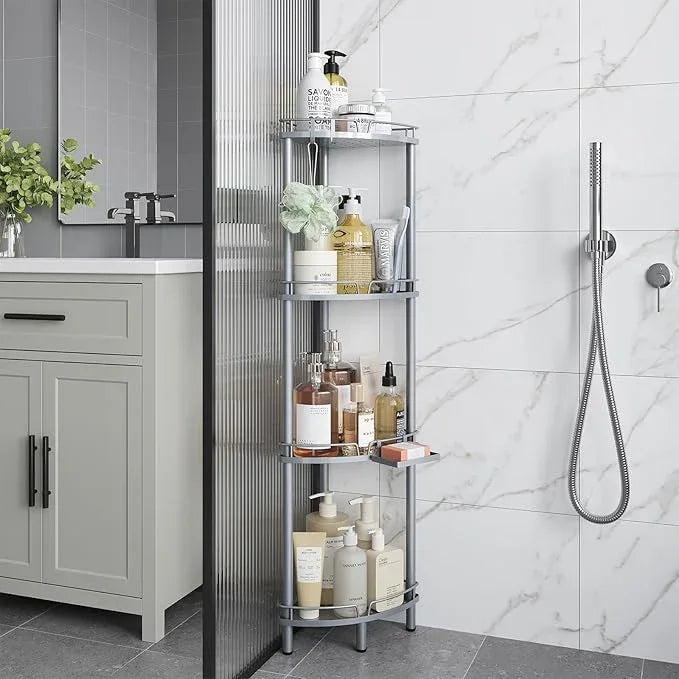 ELYKEN Corner Shower Caddy Standing, 4 Tier Rustproof Metal Shower Organizer with Soap Holder, Floor Shower Corner Shelf Rack Storage Stands with Adjustable Feet & 2 Hooks for Bathroom, Silver - ModernBath