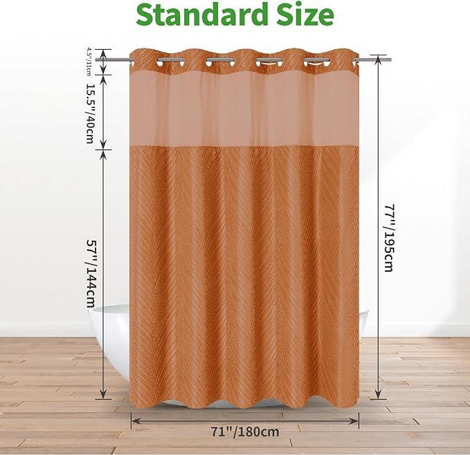 eachope no Hook Shower Curtain and Liner Set，Boho Style with See Through Top Window, BurntOrange Fabric Tufted Striped Textured Outer Curtain & Waterproof Inner Liner, Orange, 71Wx77H - ModernBath