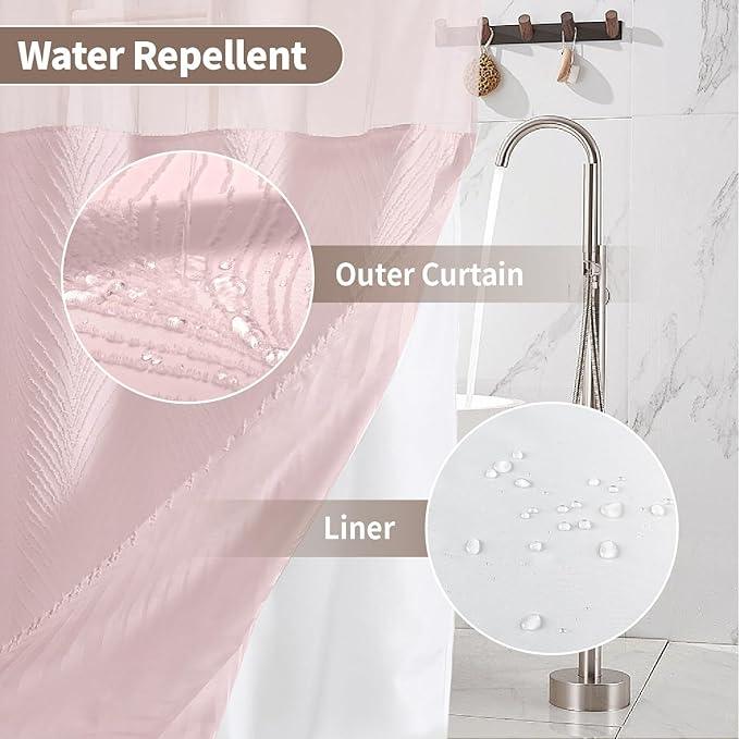 eachope stall no Hook Tufted Shower Curtain with snap in Liner Set, White Waterproof Fabric Inner Liner,Boho Style Shower Curtain with See Through top Window, Pink, 36Wx74H - ModernBath