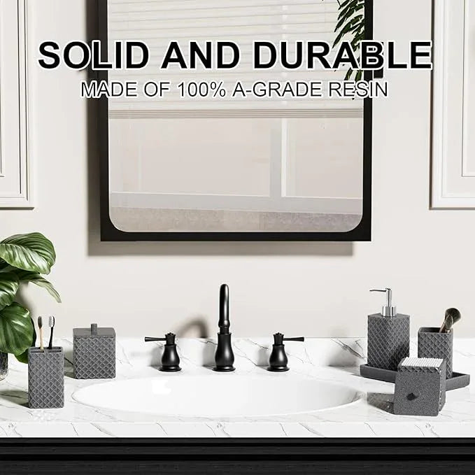 Bathroom Accessories Set Resin 6PCS, Square Toothbrush Holders Set Complete with Soap Dispenser, Vanity Tray, Tumbler, Cups and Cotton Swab Jars (Gray Diamond, Resin Bath 6 PCS) - ModernBath