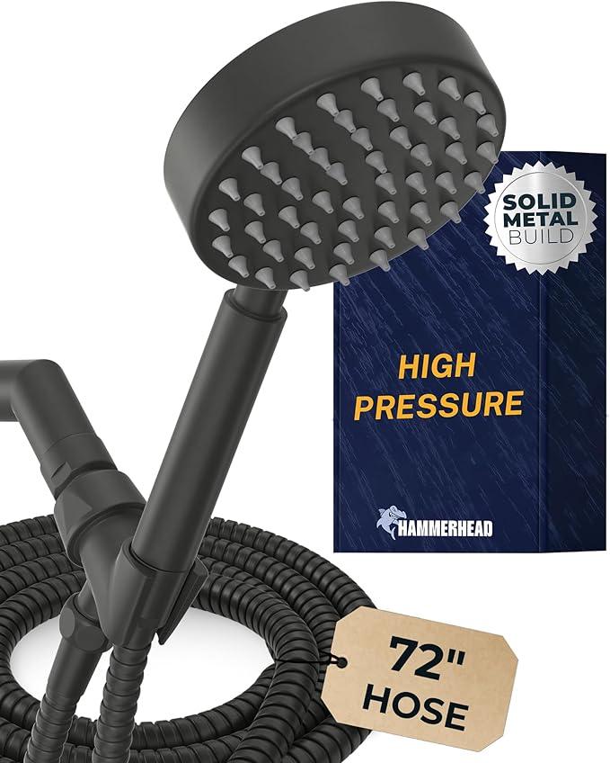HammerHead Showers® Solid Metal Handheld Shower Head with Hose and Brass Holder - MATTE BLACK - 2.5 GPM High Pressure Shower Heads with Adjustable Shower Wand Bracket - 6ft Flexible Extension - ModernBath