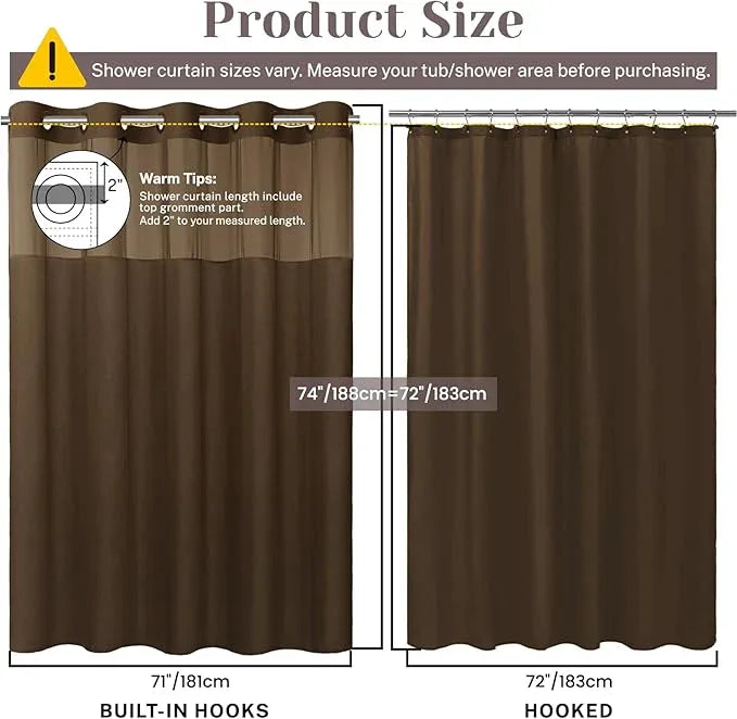 SORTTO No Hook Slub Textured Shower Curtain with Snap in Liner - Chocolate Fabric Outer Curtain & Waterproof Inner Liner, Hotel Style with See Through Top Window, 71x74 in - ModernBath