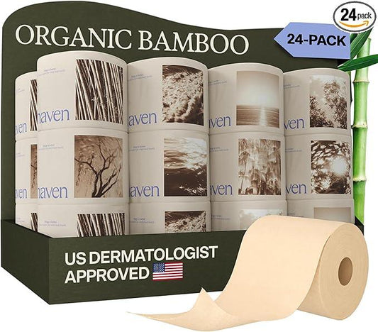 Haven Bamboo Toilet Paper (Pack of 24) Bulk Rolls - 100% Organic Tissue - 3-Ply Septic Safe, Unbleached, Non-Toxic, BPA-Free Plant Paper - Dermatologist Approved, Hypoallergenic - Silky Soft Lint-Free - ModernBath