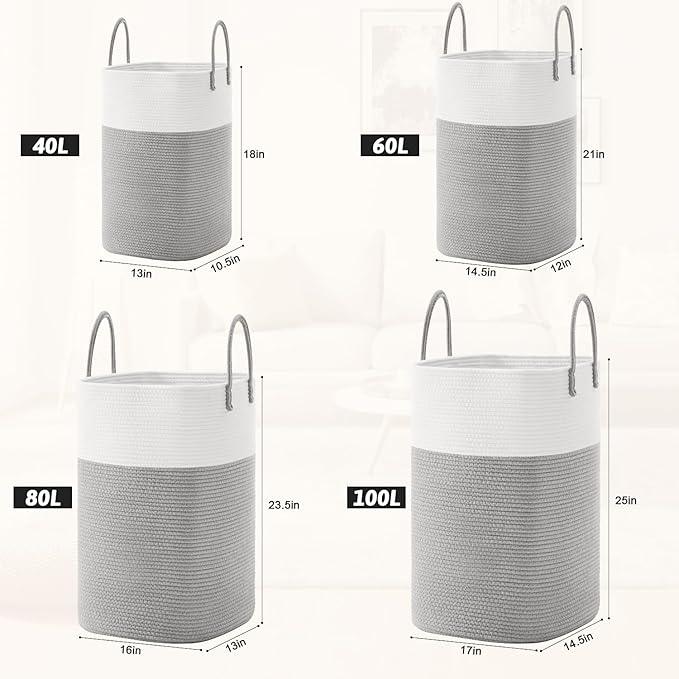 Laundry Basket,Woven Cotton Rope Laundry Hamper,Versatile Storage for Dirty Clothes,Baby Toys,and Blankets in Bathroom, Nursery,and Living Room (Grey, 60L) - ModernBath