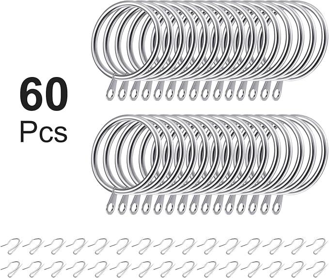 Hotop 30 Pcs Metal Drapery Curtain Rings 0.98/1.26/1.65 inch Interior Diameter and 30 Pcs Hanging Curtain Drapery Pin Hooks for Window Door Shower(Silver,42 mm) - ModernBath