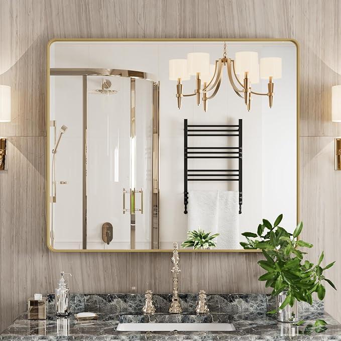 JISOSO Gold Bathroom Mirror, 30x36 Inch Brushed Gold Metal Frame Mirror for Wall, Rounded Rectangle Bathroom Vanity Mirror, Tempered Glass, Anti-Rust, Horizontal/Vertical - ModernBath