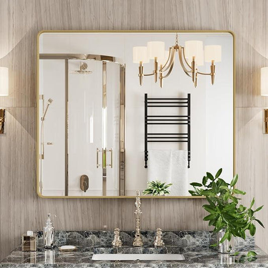 JISOSO Gold Bathroom Mirror, 30x36 Inch Brushed Gold Metal Frame Mirror for Wall, Rounded Rectangle Bathroom Vanity Mirror, Tempered Glass, Anti-Rust, Horizontal/Vertical - ModernBath