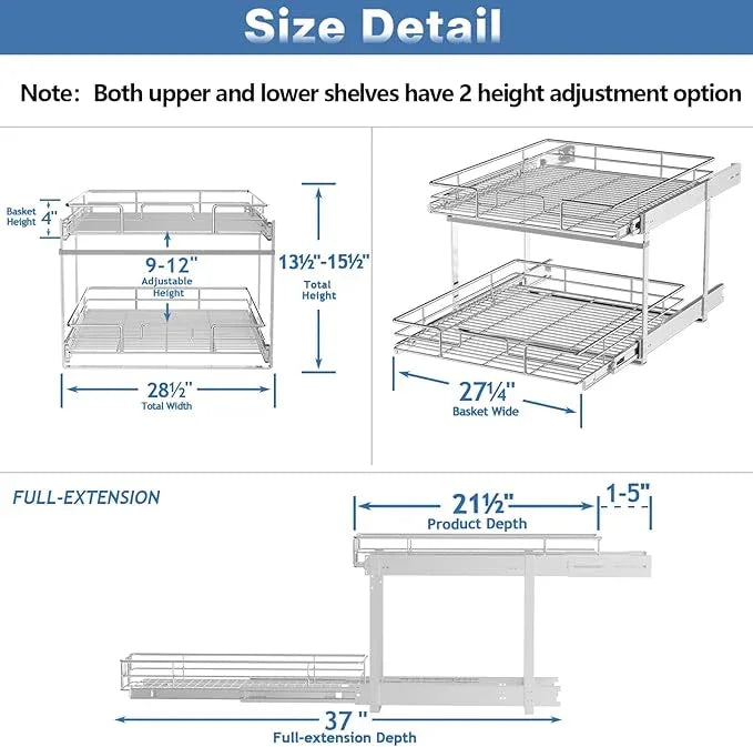 2 Tier Individual Pull Out Cabinet Organizer 28½" W x 21½" D, Heavy Duty Cabinet Pull Out Shelves, Slide Out Drawers Organization for Kitchen Cabinets Bathroom - ModernBath