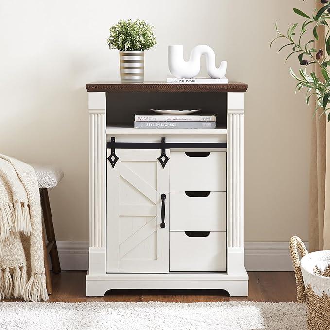 Bathroom Floor Cabinet, Farmhouse Storage Cabinet with Sliding Barn Door, Small Storage Cabinet with Drawer for Bathroom, Kitchen, Living Room, Rustic Style (Antique White) - ModernBath
