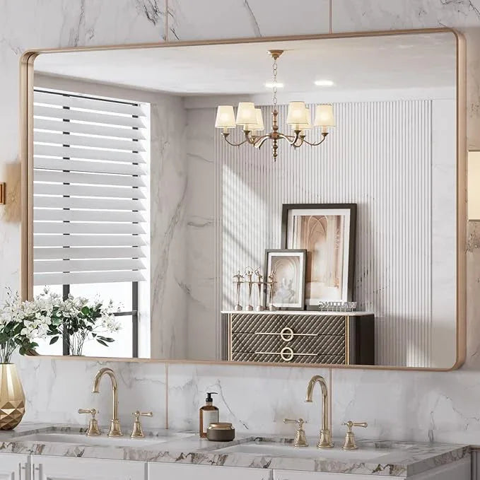 LOAAO 48”X32” Gold Bathroom Mirror, Rounded Rectangle Gold Frame Mirror, Brushed Gold Bathroom Vanity Mirror Wall-Mounted, Anti-Rust, Tempered Glass, Hangs Horizontally or Vertically - ModernBath