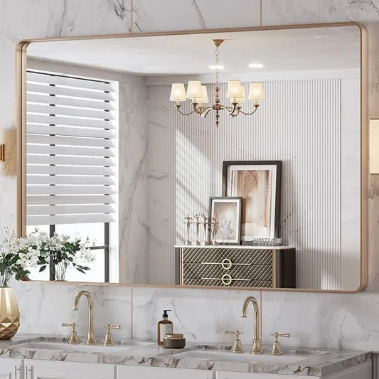 LOAAO 48”X32” Gold Bathroom Mirror, Rounded Rectangle Gold Frame Mirror, Brushed Gold Bathroom Vanity Mirror Wall-Mounted, Anti-Rust, Tempered Glass, Hangs Horizontally or Vertically - ModernBath
