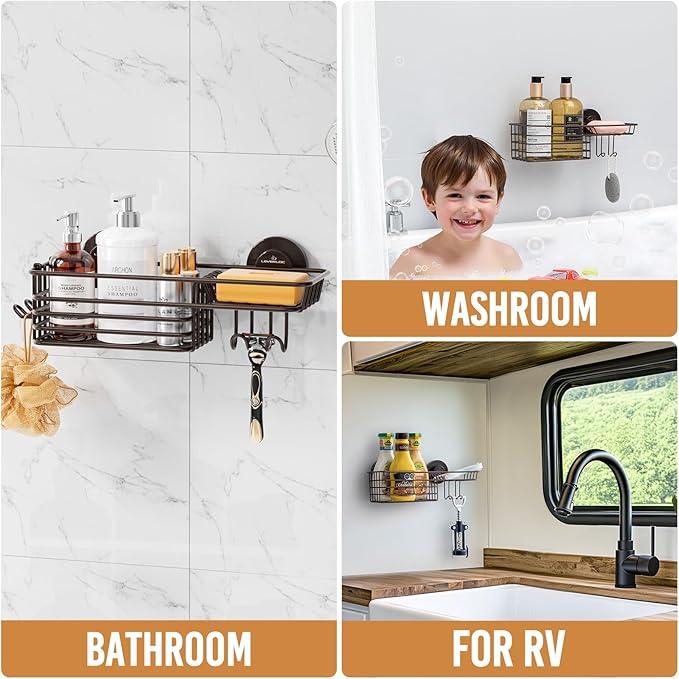 LEVERLOC Shower Caddy Suction Cup, Heavy Duty Bathroom Organizer for Inside Shower with Hooks & Soap holder， NO-Drilling Bathroom Holder-Brown - ModernBath