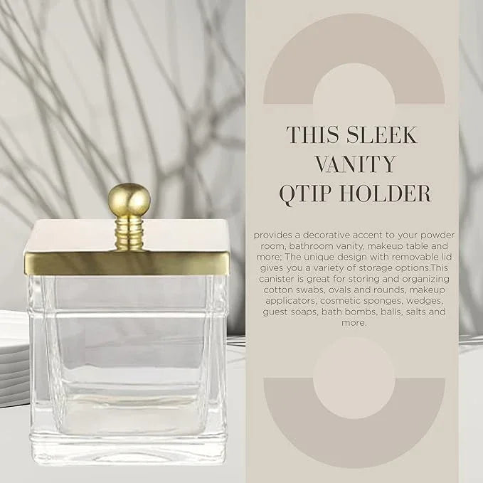 Indecor Home Clear Transparent Hotel Style Apothecary Tempered Glass Canister Jar W/ Gold Metal Lid Cover, Classic Countertop Organizer for Cotton balls/pads, Floss Picks, Makeup Storage - ModernBath