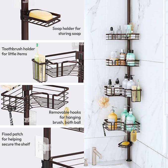 SWTYMIKI Shower Caddy Tension Pole - 4-Tier Corner Shower Organizer Tension Rod with Soap Holder, Toothbrush Holder & 4 Hooks, Adjustable Stainless Steel Bathroom Organizer 27.6 to 108.3 inch, Bronze - ModernBath