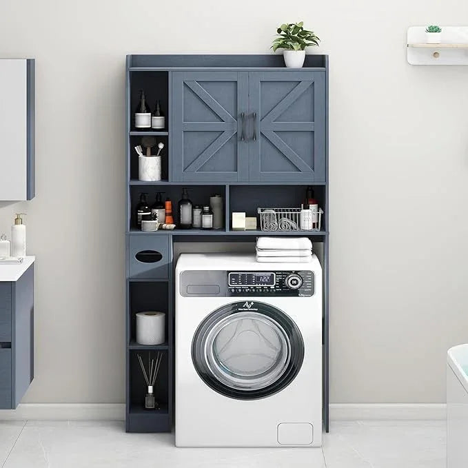 Vabches Over The Toilet Storage Cabinet, Farmhouse Storage Cabinet Over Toilet with 2 Barn Door & Toilet Paper Holder Stand，Home Space-Saving Toilet Rack, for Bathroom, Restroom, Laundry,Blue - ModernBath