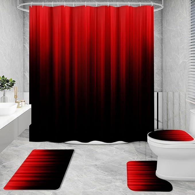 Litabel 4 Pcs Red and Black Gradient Shower Curtain Set with Rugs and Toilet Lid Cover, Modern Simple Waterproof Fabric Bathroom Set, Ombre Stripe Gothic Abstract Bathroom Decor Set Accessories - ModernBath