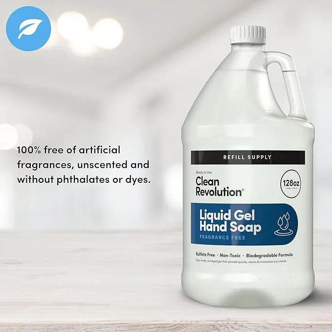 Clean Revolution Liquid Gel Hand Soap, Silky Rich Liquid, Quick Lather, Fast Rinsing, (Fragrance Free) 128 Fl Oz - ModernBath