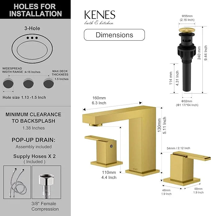 KENES Brushed Gold Widespread Bathroom Faucet 3 Hole Bathroom Sink Faucet Gold Two Handle, 8-Inch 3 Pieces Bathroom Vanity Faucet with Pop Up Drain & Supply Lines, KE-9050-4-P - ModernBath