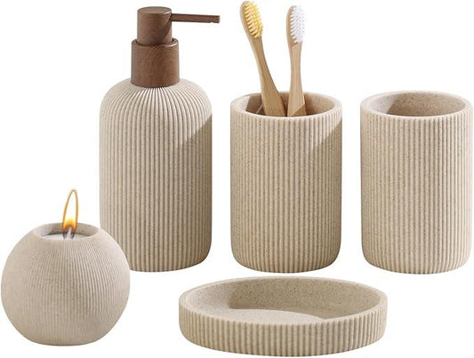 WUUAHOME Bathroom Accessories Set, 5 PCS Sandstone Look Stripe Modern Bath Organizer with Soap Dispenser, Toothbrush Holder, Tumbler, Soap Dish, Candle Holder for Countertop Kitchen Sink (Beige) - ModernBath