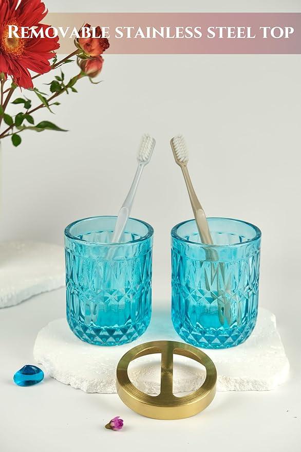 LaMarriti Teal Blue Bathroom Accessories Set, 5Pcs Clear Glass Bathroom Accessories, Hand Soap Dispenser Set, Soap Dish, Toothbrush Holder, Tumbler, Qtip Holder for Crystal Vantage Bathroom Decor - ModernBath