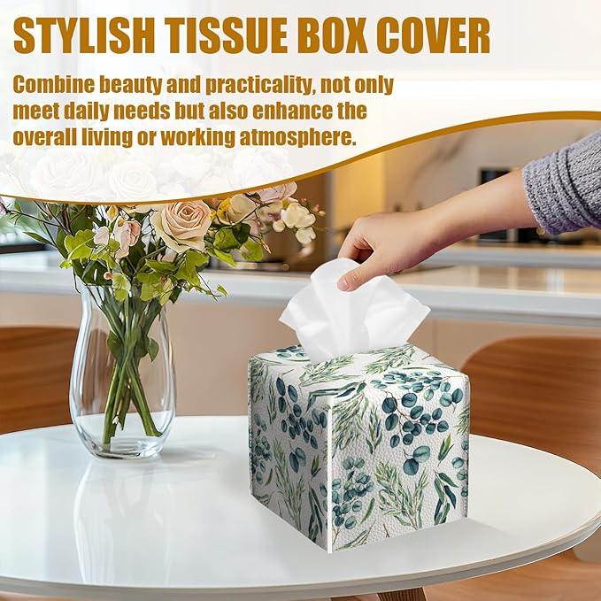 Eucalyptus Sage Tissue Box Cover 2PCS, Plants Leather Tissue Box Holder Square Facial Paper Case Tissue Box Cube Organizer for Bathroom Bedroom Desk Office - ModernBath