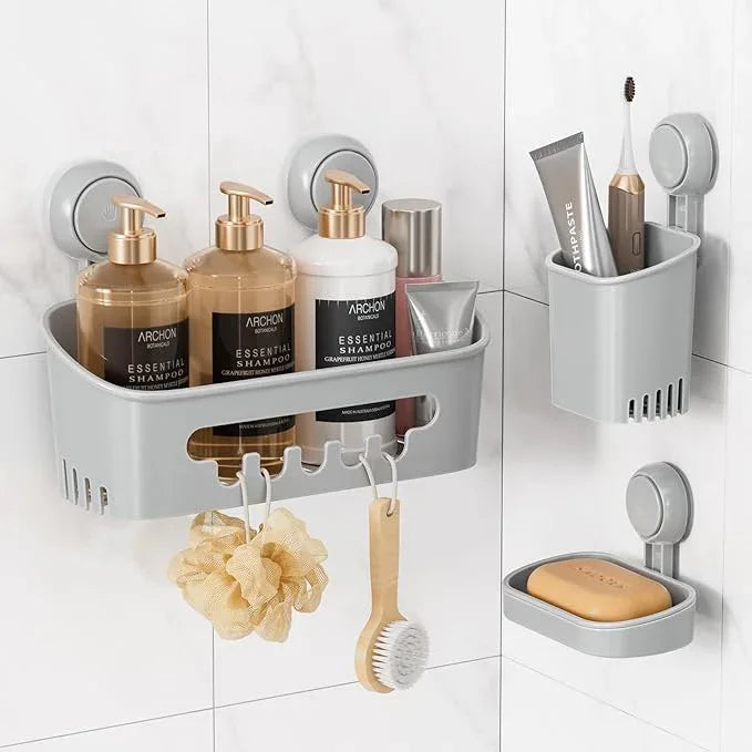 LEVERLOC Shower Caddy Suction Cup Set Shower Organizer & Soap Holder & Toothbrush Holder, Bathroom Shelf Basket NO-Drilling, Removable Suction Storage Waterproof Bathroom Caddy, Gray - ModernBath