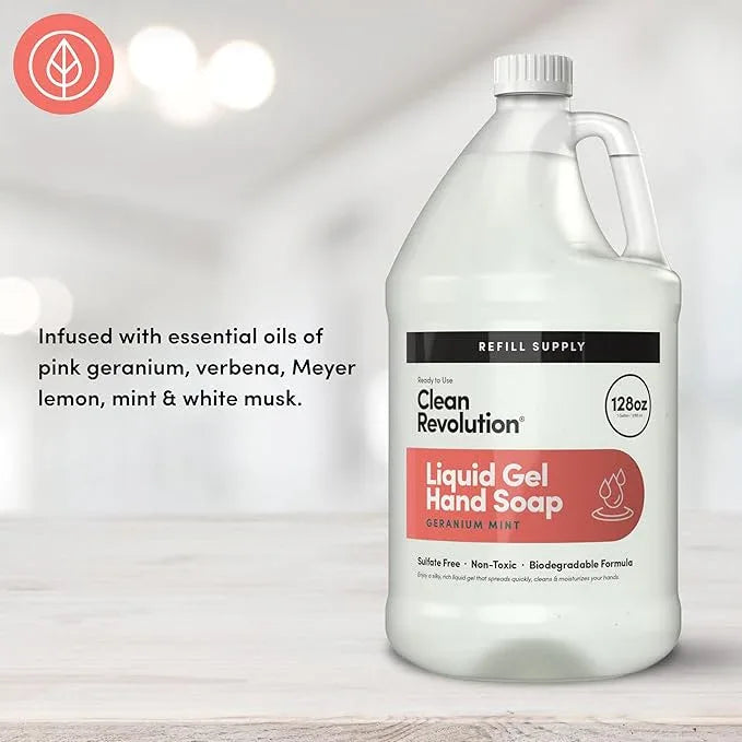 Clean Revolution Liquid Gel Hand Soap, Silky Rich Liquid, Quick Lather, Fast Rinsing, Contains Real Essential Oils (Geranium Mint) 128 Fl Oz - ModernBath