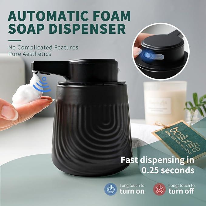 BosilunLife Ceramic Automatic Soap Dispenser with Extended Pump Nozzle, 3 Adjustable Levels, Touchless Foam Hand Wash Foaming Dispenser for Bathroom & Kitchen, Embossed Wave Design, Black, 10oz - ModernBath