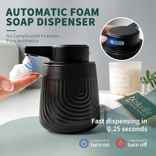 BosilunLife Ceramic Automatic Soap Dispenser with Extended Pump Nozzle, 3 Adjustable Levels, Touchless Foam Hand Wash Foaming Dispenser for Bathroom & Kitchen, Embossed Wave Design, Black, 10oz - ModernBath
