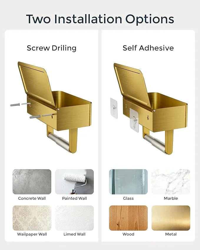Toilet Paper Holder with Shelf, Wipes Holder for Bathroom, Flushable Wipes Dispenser, Stainless Steel Toilet Paper Roll Holder with Storage for Wet Wipes Wall Mounted (Gold, Regular Roll) - ModernBath