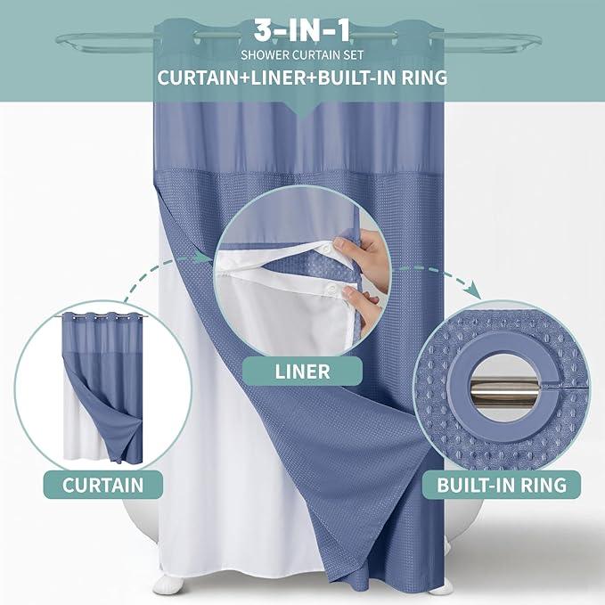 eachope MoonLightBlue No Hook Waffle Weave Shower Curtain with snap-in Liner Replacement, 230GSM Waterproof Fabric Hotel Shower Curtain Set for Bathroom, Through Mesh Top Window,54Wx80H - ModernBath